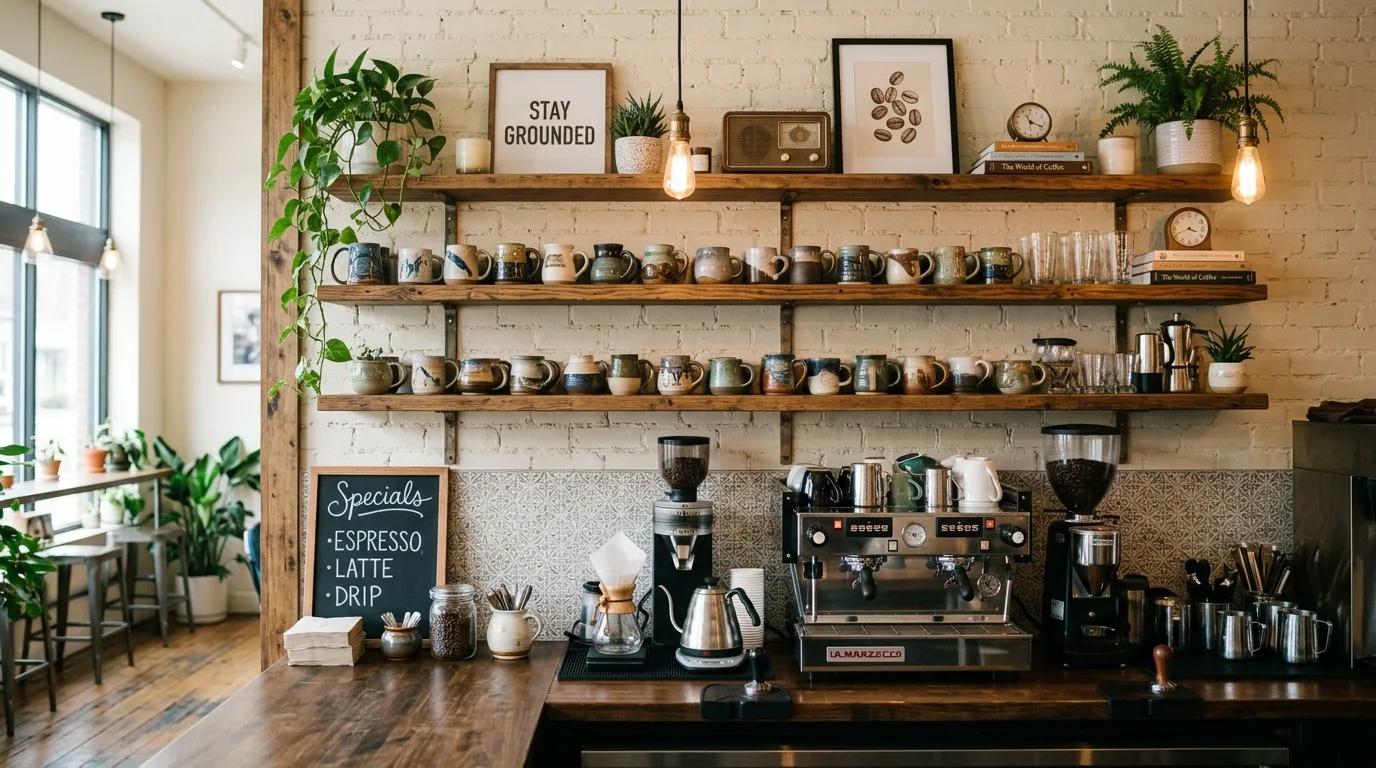 Let black accents sharpen a softer palette inspiration for a home coffee bar.